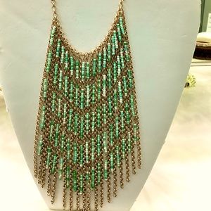 Gold Chainlink Necklace W/ Green and White Beads